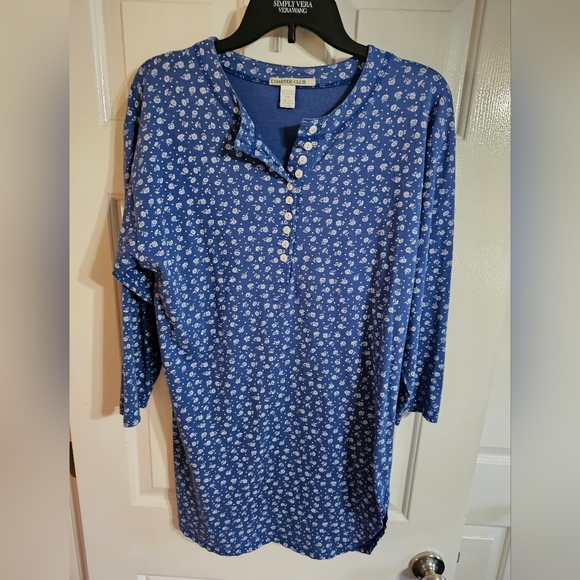 Charter Club Blue Floral Henley Nightshirt Cotton Long Sleeve P/S Classic Cabin - Picture 2 of 6